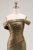 Load image into Gallery viewer, Metallic Golden Sheath Off The Shoulder Long Formal Dress with Slit