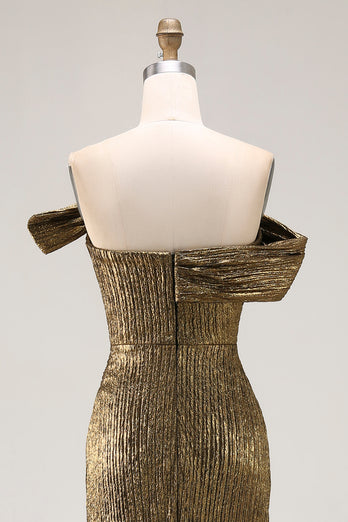 Metallic Golden Sheath Off The Shoulder Long Formal Dress with Slit