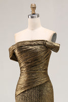 Load image into Gallery viewer, Metallic Golden Sheath Off The Shoulder Long Formal Dress with Slit