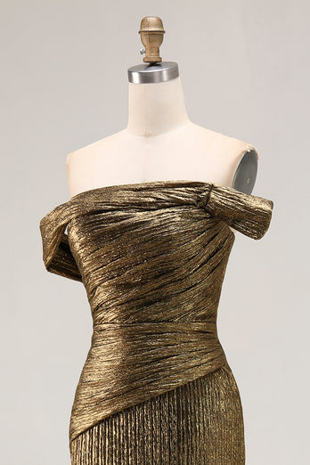 Metallic Golden Sheath Off The Shoulder Long Formal Dress with Slit