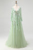 Load image into Gallery viewer, Dusty Sage Ball Gown V-Neck Long Sleeves Prom Dress with Appliques