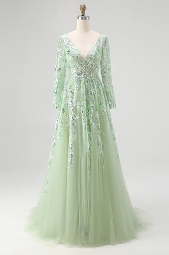 Dusty Sage Ball Gown V-Neck Long Sleeves Prom Dress with Appliques