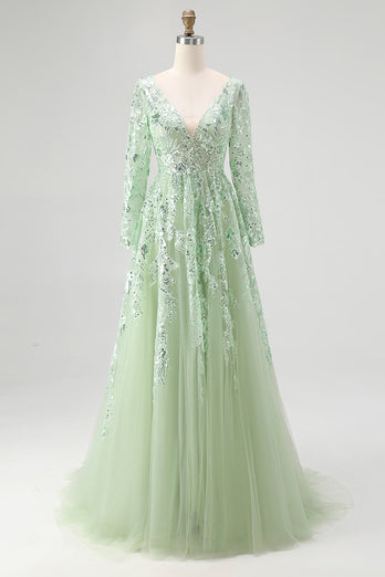 Dusty Sage Ball Gown V-Neck Long Sleeves Prom Dress with Appliques
