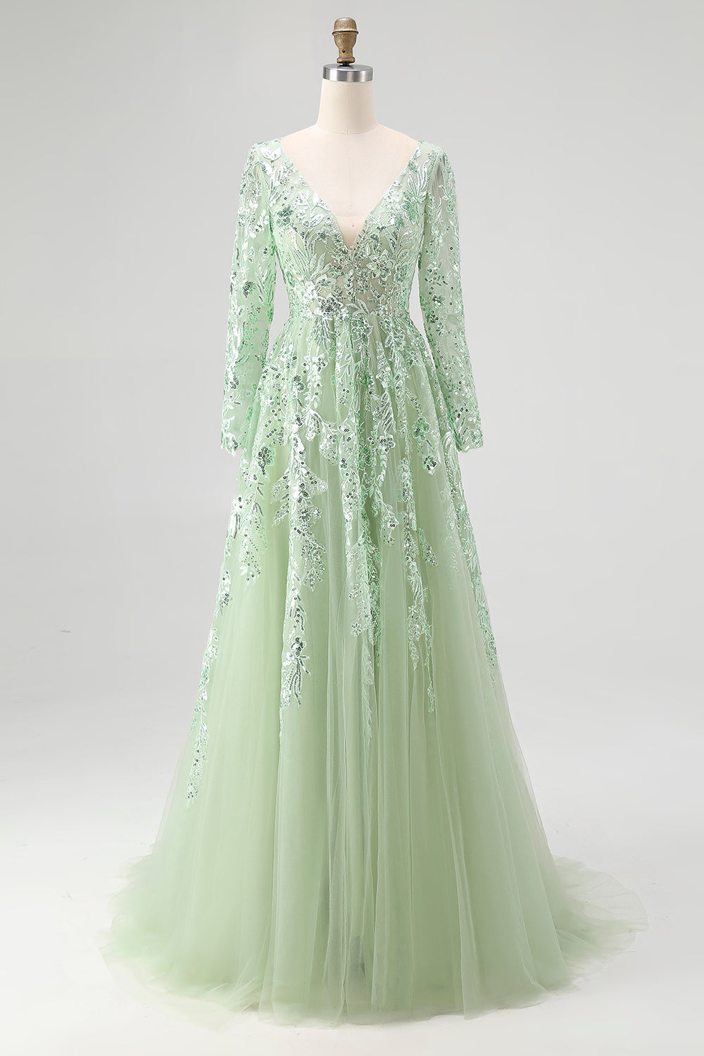 Dusty Sage Ball Gown V-Neck Long Sleeves Prom Dress with Appliques