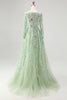 Load image into Gallery viewer, Dusty Sage Ball Gown V-Neck Long Sleeves Prom Dress with Appliques