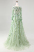 Load image into Gallery viewer, Dusty Sage Ball Gown V-Neck Long Sleeves Prom Dress with Appliques