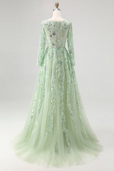 Dusty Sage Ball Gown V-Neck Long Sleeves Prom Dress with Appliques