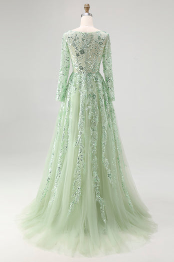 Dusty Sage Ball Gown V-Neck Long Sleeves Prom Dress with Appliques