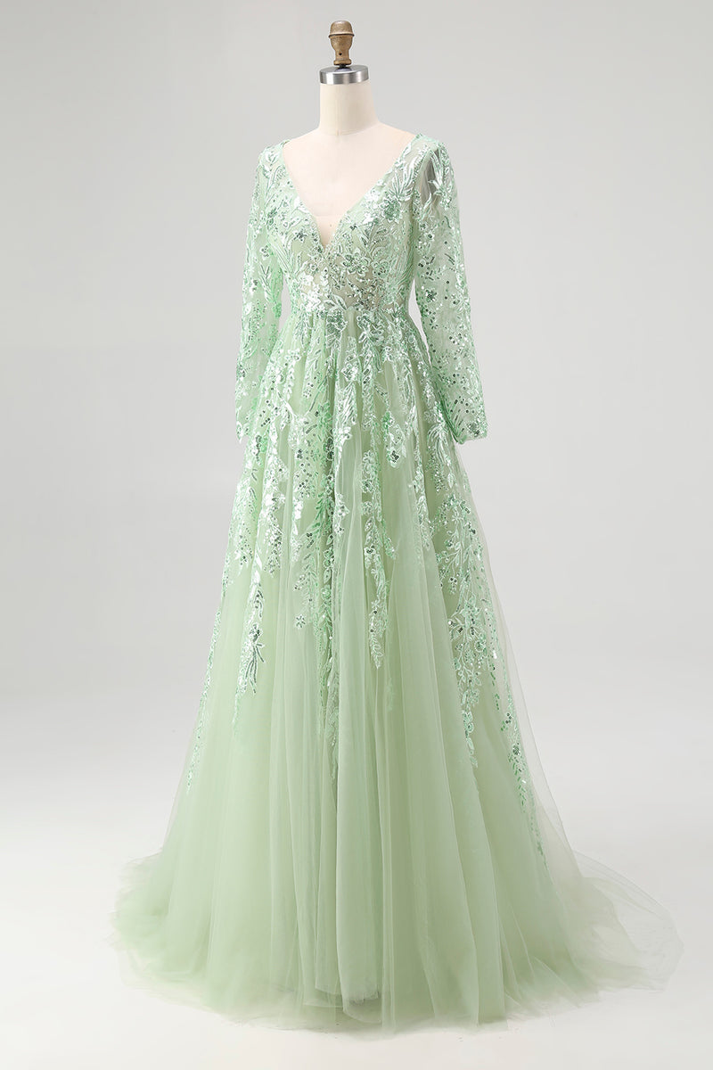 Load image into Gallery viewer, Dusty Sage V-Neck Ball Gown Appliqued Prom Dress with Long Sleeves