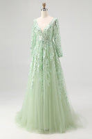 Load image into Gallery viewer, Dusty Sage Ball Gown V-Neck Long Sleeves Prom Dress with Appliques