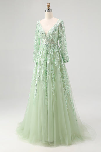 Dusty Sage Ball Gown V-Neck Long Sleeves Prom Dress with Appliques