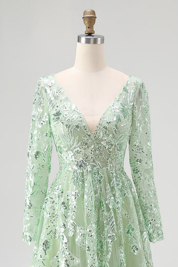 Dusty Sage Ball Gown V-Neck Long Sleeves Prom Dress with Appliques
