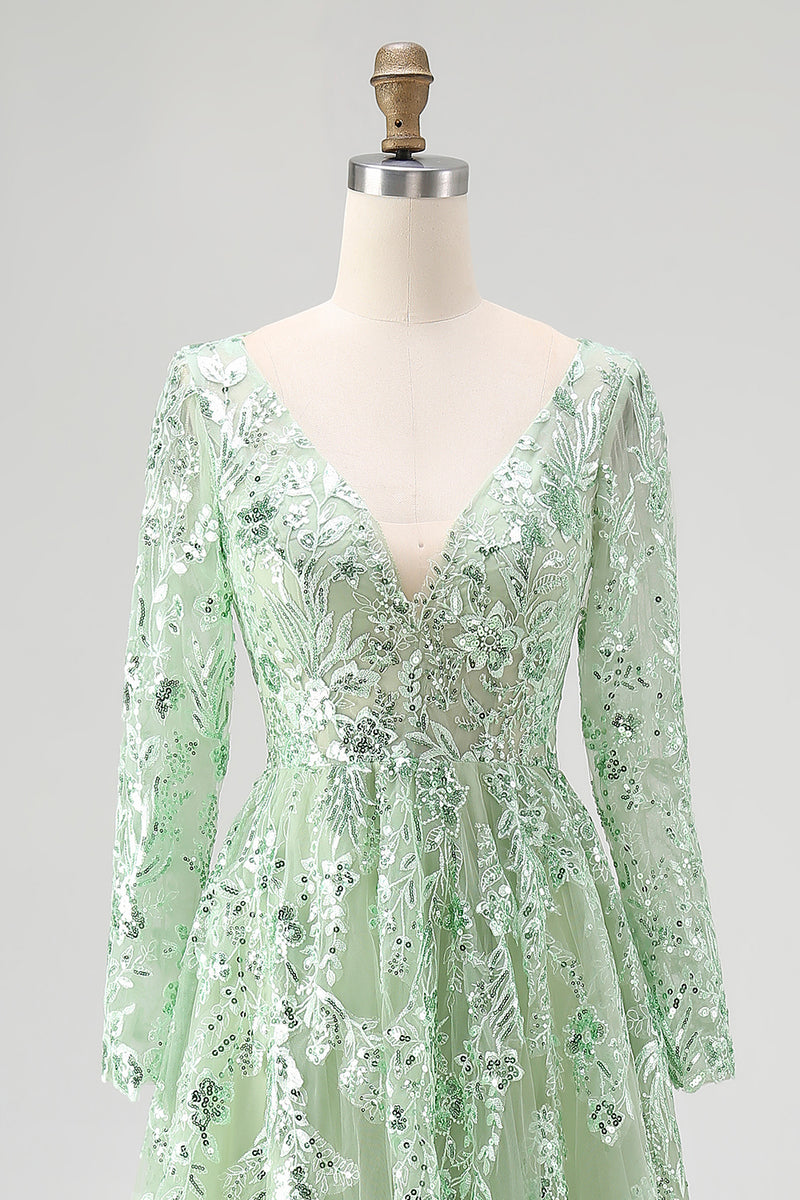 Load image into Gallery viewer, Dusty Sage Ball Gown V-Neck Long Sleeves Prom Dress with Appliques
