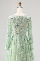 Load image into Gallery viewer, Dusty Sage Ball Gown V-Neck Long Sleeves Prom Dress with Appliques