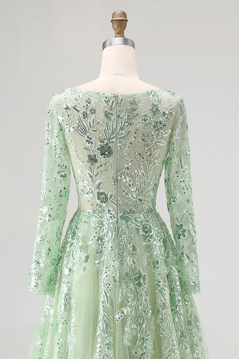 Dusty Sage Ball Gown V-Neck Long Sleeves Prom Dress with Appliques