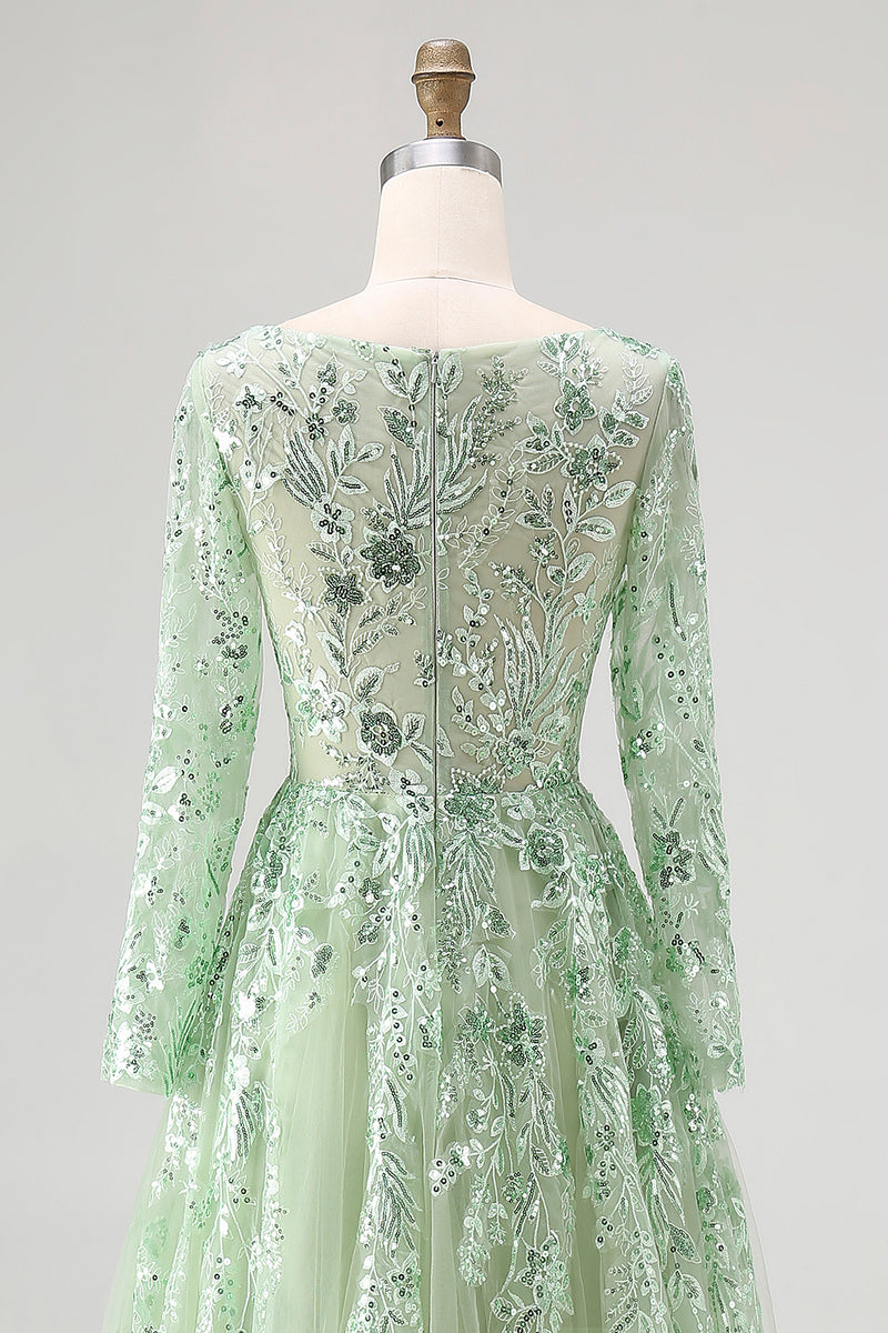 Load image into Gallery viewer, Dusty Sage Ball Gown V-Neck Long Sleeves Prom Dress with Appliques