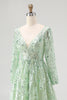 Load image into Gallery viewer, Dusty Sage Ball Gown V-Neck Long Sleeves Prom Dress with Appliques