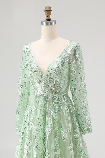Dusty Sage Ball Gown V-Neck Long Sleeves Prom Dress with Appliques