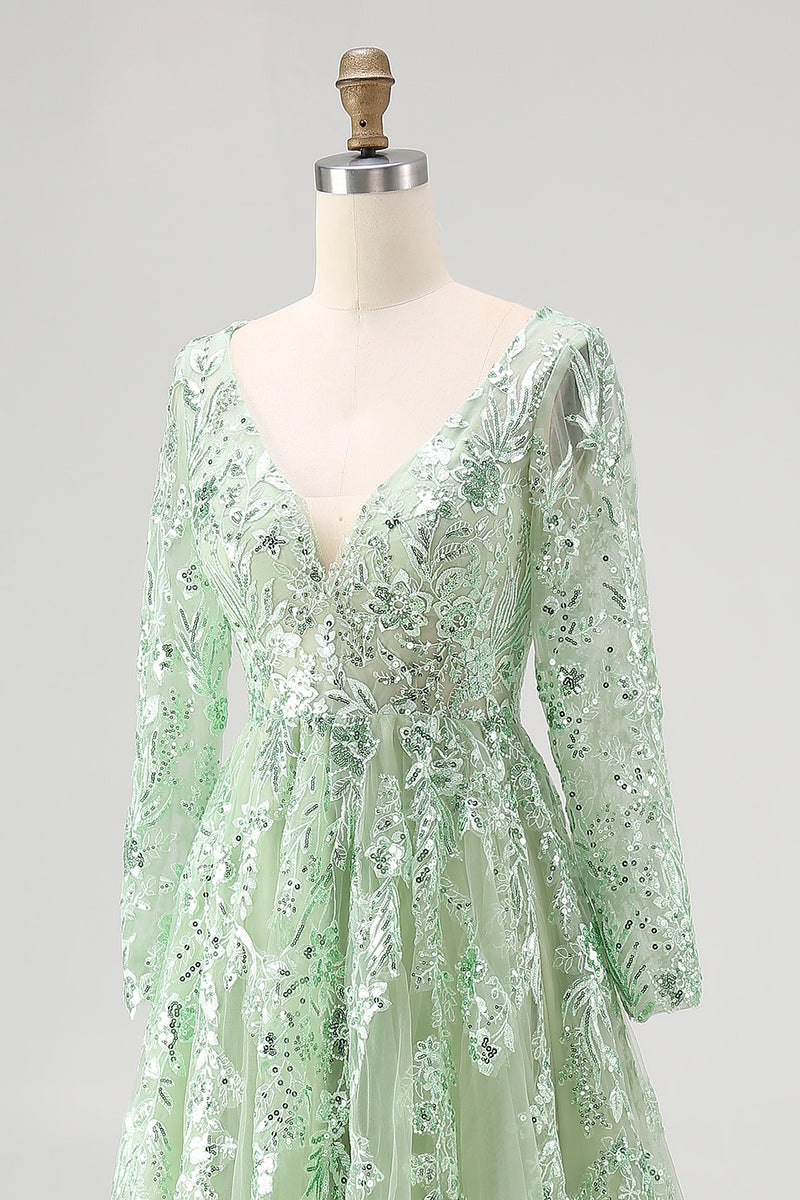 Load image into Gallery viewer, Dusty Sage Ball Gown V-Neck Long Sleeves Prom Dress with Appliques
