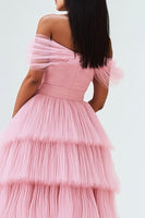 Load image into Gallery viewer, Pink Ruffled Off The Shoulder Ruched Prom Dress