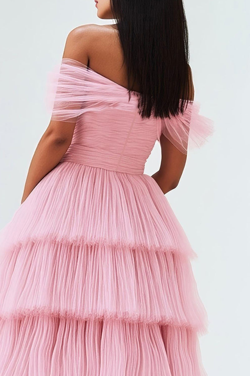 Load image into Gallery viewer, Pink Ruffled Off The Shoulder Ruched Prom Dress
