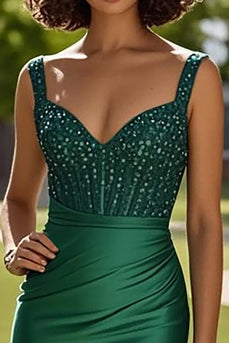 Sparkly Dark Green Corset Beaded Long Prom Dress with Slit