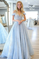 Load image into Gallery viewer, Glitter Sky Blue A Line Sweetheart Long Prom Dress