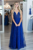 Load image into Gallery viewer, Royal Blue Lace V-Neck A Line Floor Length Prom Dress