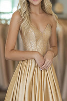 Load image into Gallery viewer, Gold Sweetheart Satin A Line Long Prom Dress with Beading