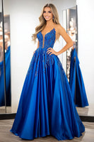 Load image into Gallery viewer, Royal Blue Ball Gown Satin Prom Dress with Lace Appliques