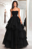 Load image into Gallery viewer, Black Tulle Tiered Strapless Floor Length Prom Dress