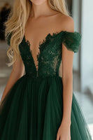 Load image into Gallery viewer, Dark Green Corset Off the Shoulder Long Prom Dress with Lace