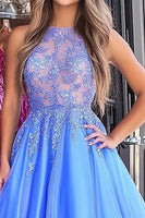 Load image into Gallery viewer, Ball Gown Blue Tulle Floor Length Prom Dress with Lace Appliques
