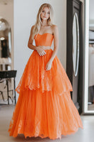 Load image into Gallery viewer, 2 Piece Orange Lace Strapless Floor Length Prom Dress