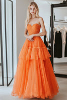 Load image into Gallery viewer, A Line Lace Orange Sweetheart Tiered Long Prom Dress