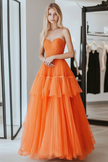 A Line Lace Orange Sweetheart Tiered Long Prom Dress