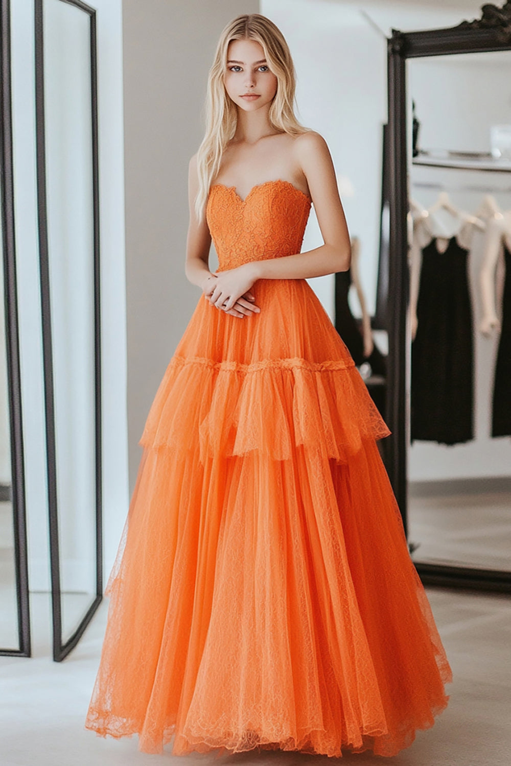 A Line Lace Orange Sweetheart Tiered Long Prom Dress