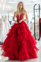 Load image into Gallery viewer, Sparkly Red Tulle Tiered Corset Prom Dress with Beading