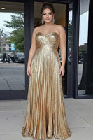 Load image into Gallery viewer, A Line Metallic Gold Strapless Long Prom Dress