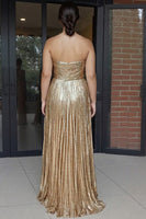 Load image into Gallery viewer, A Line Metallic Gold Strapless Long Prom Dress