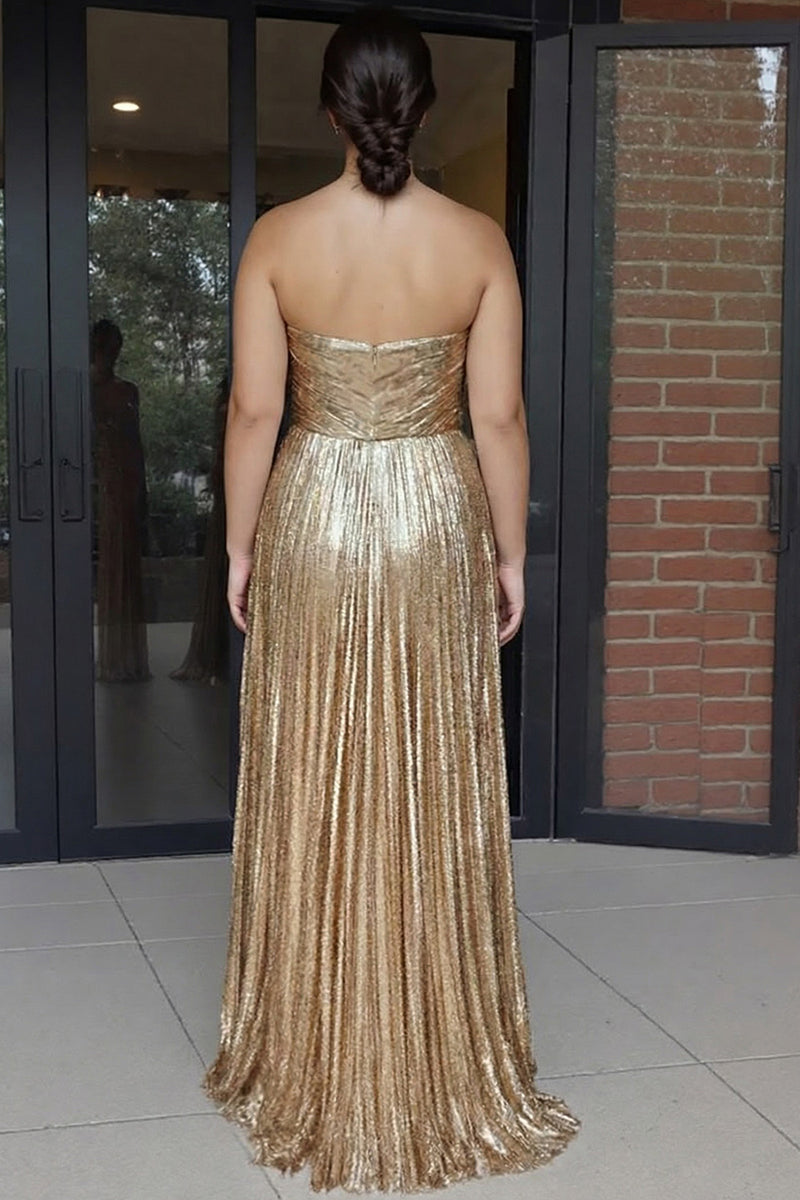 Load image into Gallery viewer, A Line Metallic Gold Strapless Long Prom Dress