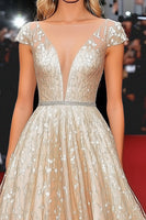 Load image into Gallery viewer, Champagne Deep V Neck Cap Sleeves A Line Lace Red Carpet Dress