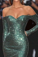 Load image into Gallery viewer, Dark Green Sparkly Corset Off the Shoulder Formal Dress with Slit