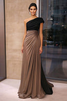 Load image into Gallery viewer, Black Brown Sheath One Shoulder Long Gala Dress
