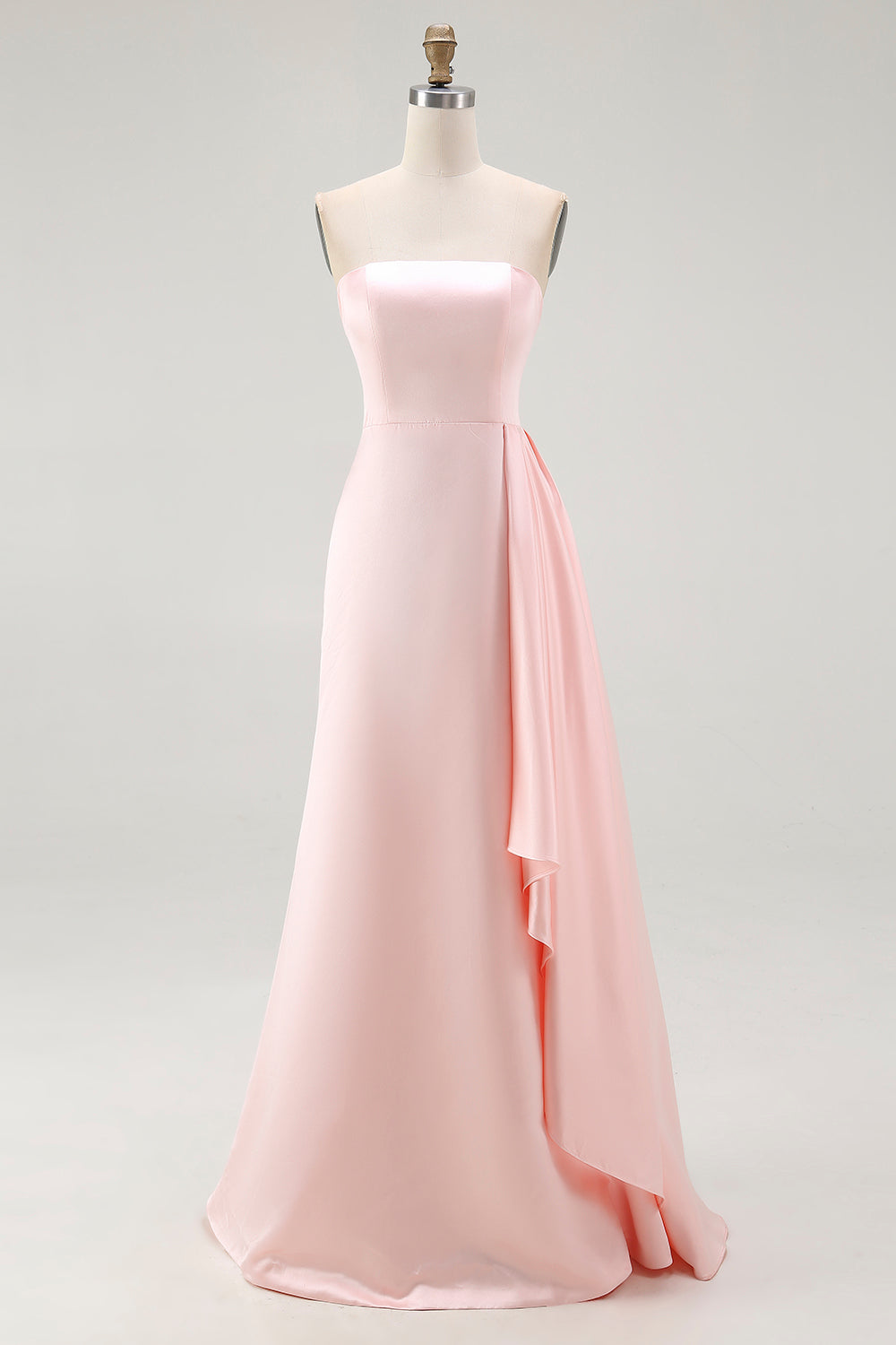 Elegant Pink Satin Mermaid Strapless Ruffled Long Gala Dress