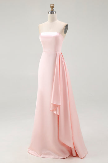 Elegant Pink Satin Mermaid Strapless Ruffled Long Gala Dress