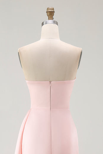 Elegant Pink Satin Mermaid Strapless Ruffled Long Gala Dress