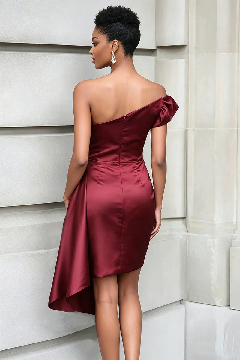 Load image into Gallery viewer, Bodycon Burgundy One Shoulder Satin Short Gala Dress