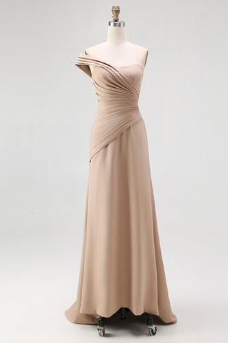 Light Khaki Sheath One Shoulder Ruched Long Gala Dress