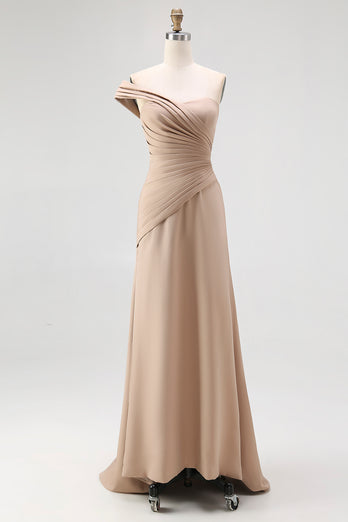 Light Khaki Sheath One Shoulder Ruched Long Gala Dress